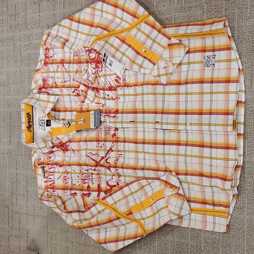 Akademiks Plaid Men's button down - orange and red and cream - Large